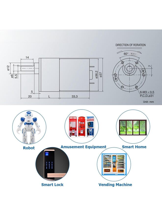 يُسلِّم محرك تروس كهربائي عالي العزم يعمل بتيار مستمر 12 فولت، مزود بنظام تخفيض سرعة دقيق، وعمود إخراج لا مركزي، وعلبة تروس بقطر 37 مم (الحجم: 100 دورة في الدقيقة). - Image 2